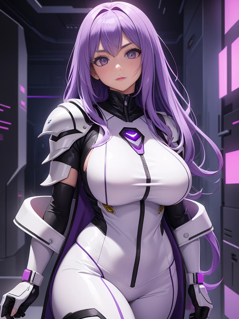 girl, With big breasts, white spy suit, lavender long fur, violet eyes, futuristic armor, purple lights.