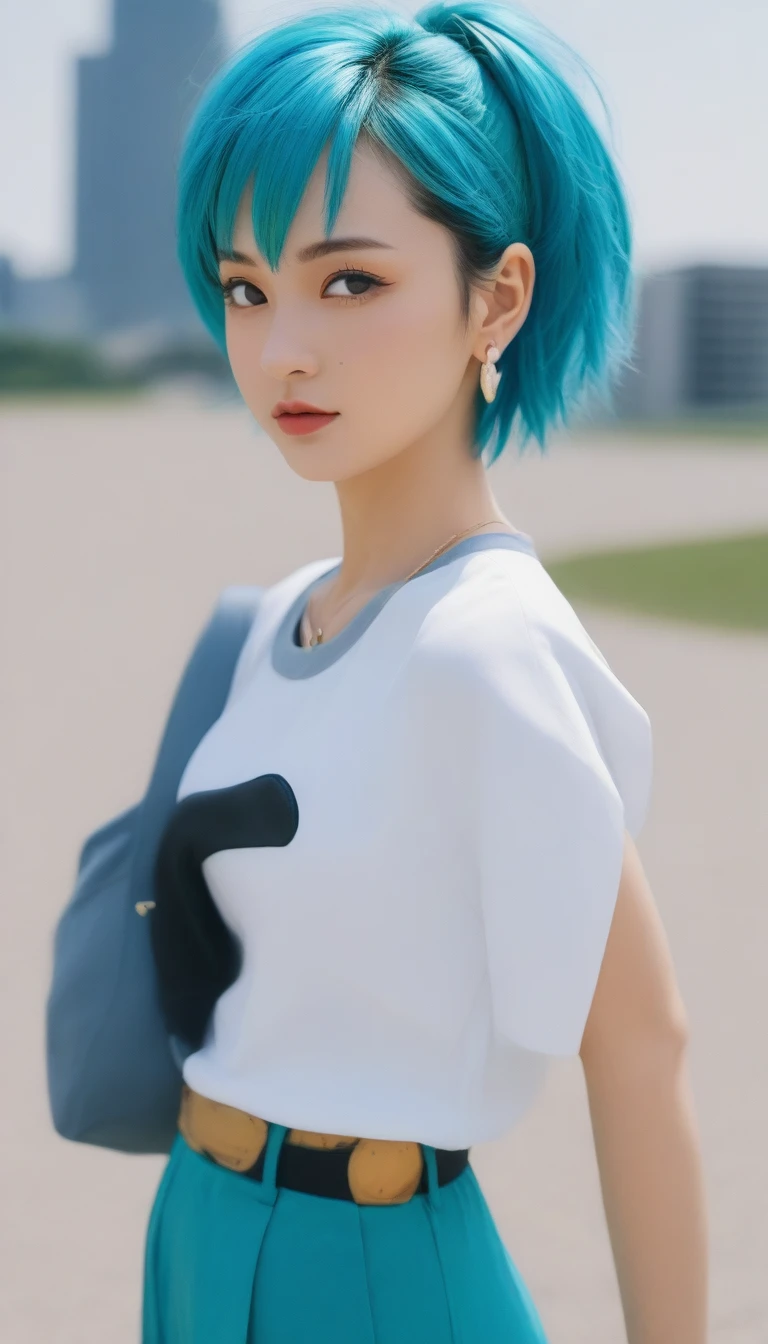 Bulma de Dragon Ball marchant dans un paysage urbain futuriste。L'arrière-plan présente des gratte-ciel et des véhicules futuristes.。Le style artistique est réaliste.、Utilisez une palette de couleurs vives。