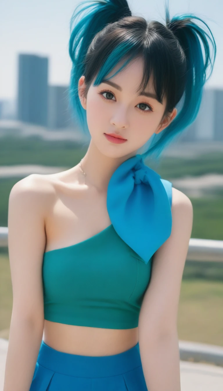 Bulma de Dragon Ball marchant dans un paysage urbain futuriste。L'arrière-plan présente des gratte-ciel et des véhicules futuristes.。Le style artistique est réaliste.、Utilisez une palette de couleurs vives。