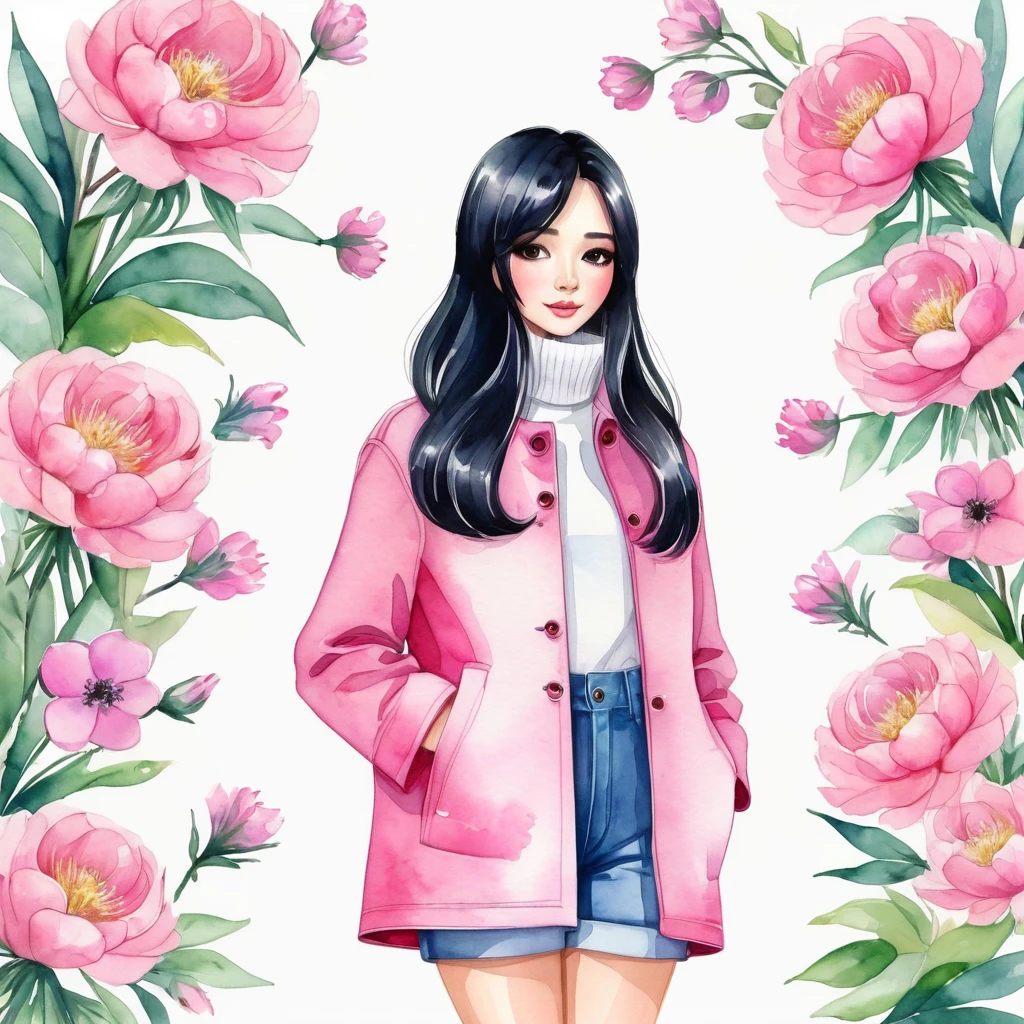 A watercolor illustration, kawaii illustration, chibi .Anime STYLE, of a beautiful woman with LONG STRAIGHT black hair standing against a light background, she is holding a bouquet of flowers, The woman is 25 years old, she is wearing a long PINK coat , WHITE turtleneck, denim shorts and black sandals. The coat has large pockets and a raised collar. She extending it beyond her shoulders. by Kathrin Honesta, Lisi Martin ,Jessica Roux and Helen Dardik