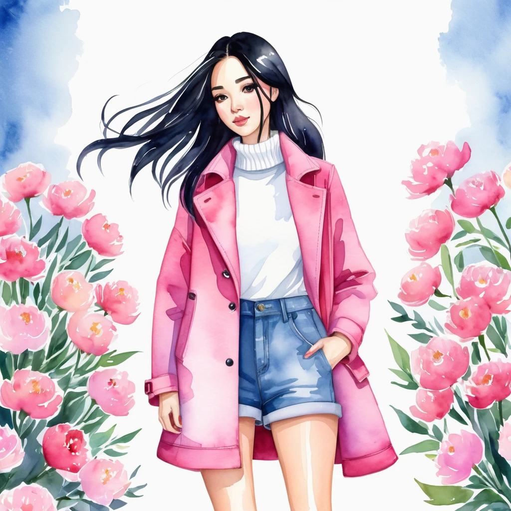 A watercolor illustration, kawaii illustration, chibi .Anime STYLE, of a beautiful woman with LONG STRAIGHT black hair standing against a light background, she is holding a bouquet of flowers, The woman is 25 years old, she is wearing a long PINK coat , WHITE turtleneck, denim shorts and black sandals. The coat has large pockets and a raised collar. She extending it beyond her shoulders. by Kathrin Honesta, Lisi Martin ,Jessica Roux and Helen Dardik