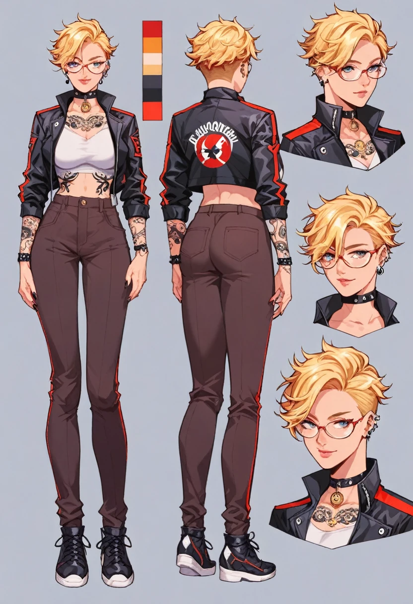 score_9, score_8_up, score_7_up, score_6_up, score_5_up, score_4_up, BREAK source_anime, 1girl, blonde short hair, thin rimmed glasses, tokyo revengers, biker gang, girl, tattoos, piercings,Creative design, full body, Reference sheet, Character sheet