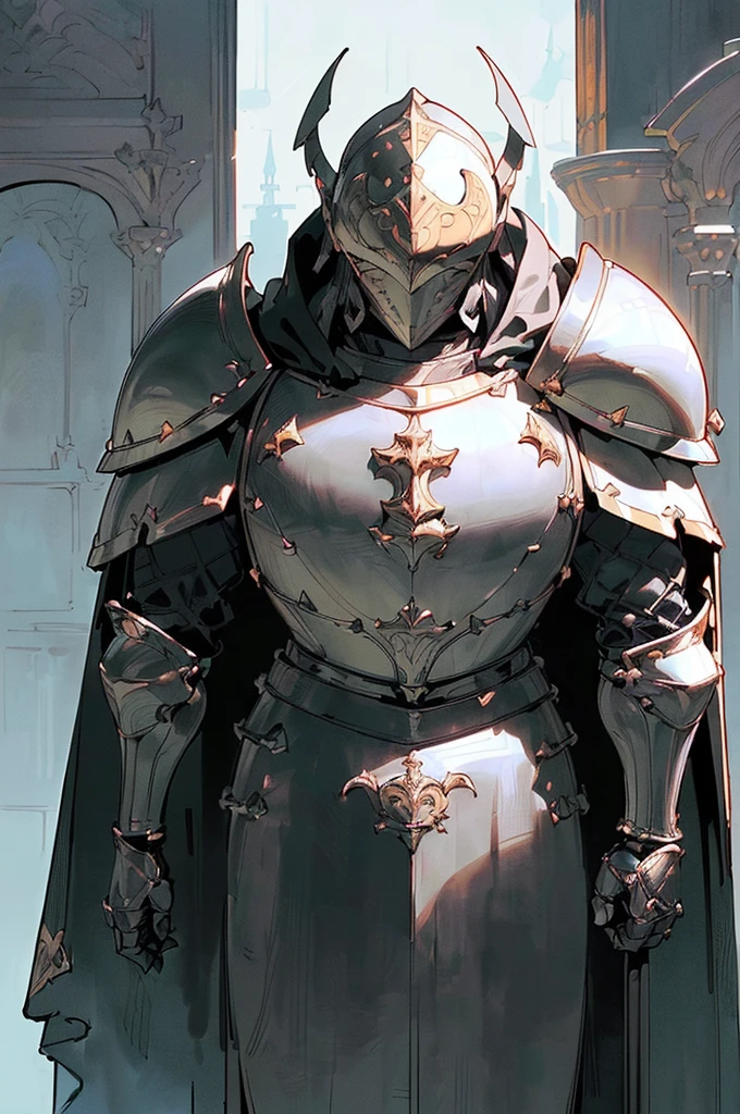 (masterpiece; best quality: 1.2), (full-armored knight man)), ((solo)), (closed helmet: 1.4), (body; muscular, large, masculine: 1.3), (beautiful and clear background: 1.2), ((depth of field)), (equipment: all-black full plate medieval armor + closed helmet + long black cape: 1.3), (anime illustration: 1.2), (background composition; fantasy castle corridor + furniture: 1.1), (shot composition; standing + centered on torso + close-up: 1.5)