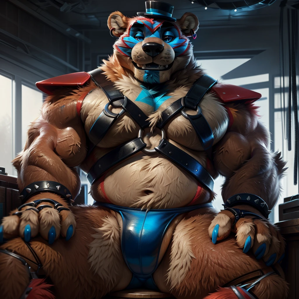 best anatomy, best quality, (by null-ghost,by darkgem,by pino daeni,by zoroj, by redrusker), (furry art, soft shading:1.1), bara, (furry glamrockfreddy,:1.1) robotic bear, (broad shoulders, narrow waist:1.05), 5 fingers, ear ring, blue eyes, black nose, blue claws ,standing in a bedroom, masterpiece, Ultra highest quality, unreal engine, trending on ArtStation, Intricate, Ultra heavy High Detail, dramatic, realism, blue leather thong, realistic, sitting, muscle, furry, day, looking_at_viewer, Ultra heavy detailed eyes, Ultra heavy detailed body, Ultra detailed heavy face, expressive, masculine, BDSM harness, white fur, hyper realisitc,