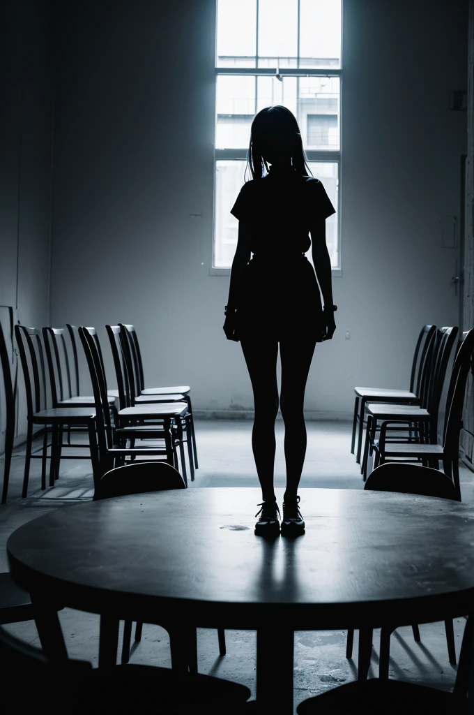 A girl in the center on a black background, full of chairs, tables and keys and would have a large silhouette of a lock next to her