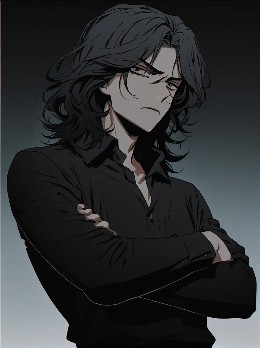Solo, male, dark medium hair, gray eyes, moody, crossing arms, not happy, gradient background, dark clothing