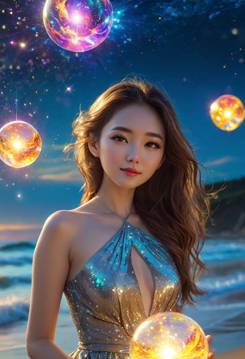 top quality、8K、32k、​Masterpiece,)beautiful woman、natural look、look away 、hair wet、Sheer long dress、Soft atmosphere、moment、No makeup、Shot from the side、the sea sparkles、night,sunset sky、Long distance shooting、Stroll along the sandy beach、a smile, she has beautiful small eyes and long natural eyelashes, she has small but little full rose lips, high quality, 8K Ultra HD, masterpiece, beautiful woman, create a whimsical moment where zoltar magical geode ball creates a big bang super nova powerful and luminous explosion of a star, quantum fluctuations, cosmic rays, gravitational waves, milky way in the style of tarot and microsoft 3D pinball space cadet, double long exposure movie still, full body. 