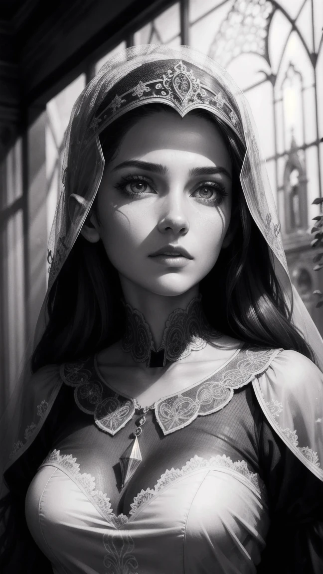 Portrait of woman, catholic virgin, dress with transparent veil , whole body, (8k, photo and gross, of the highest quality), Hyper realistic, intricate summary, Intricate artwork, abstract style, Striking portrait, threatening, creature from another world, , [Temple, roman church , landscape with many lights and reflections of stained glass and geometric shapes, ethereal presence, non-representational, pencil drawing and shapes, expression of feelings, imaginative, Very detailed, transparencies, shadows, Contrasts, Extremely high resolution details, photographic, Realism taken to the extreme, fine texture, 4k, ultra detailed, high quality, high contrast made of resin ,black and white drawing