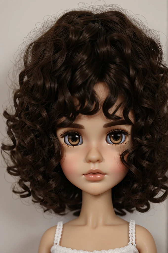 make me a Blythe doll with short curly hair, with curly fringe, dark hair, dark and brunette eyes
