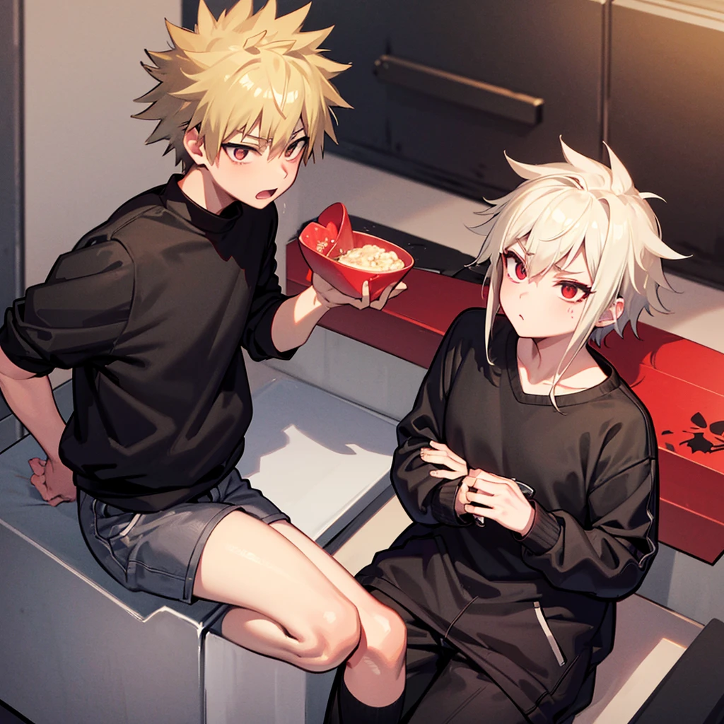 Katsuki Bakugou,tomboy,Eyes red,hair blonde,spiky hair,wearing a short black sweatshirt with a skull print,with a big bulge in the pants,with female thighs,looking at the camera,flushed.