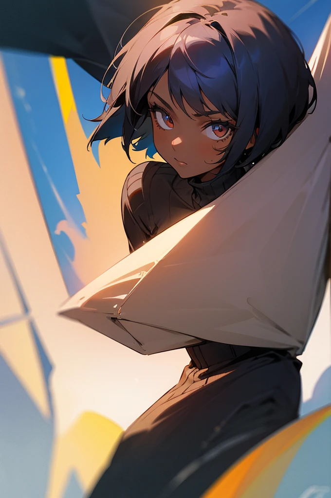 1girl, portrait, short hair, dark-skinned female, dark skin, sweater
