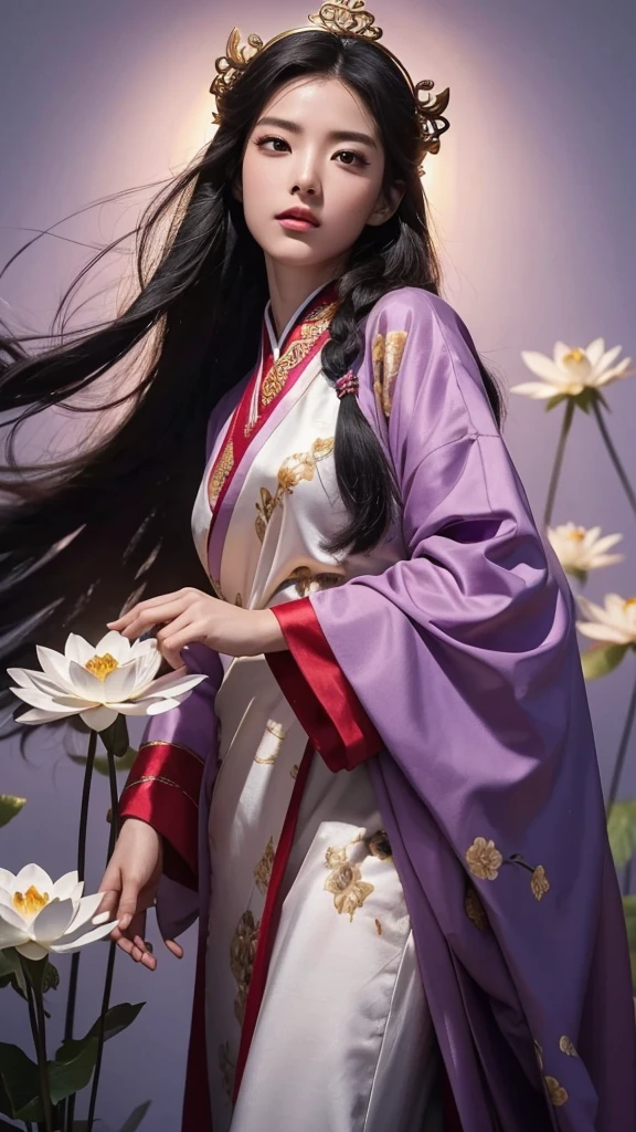 32k（masterpiece，HD，Ultra high quality，32k）long flowing black hair，The gold jewelry area in the back room，Smoke Ring Girl ，Lotus flowers flying （realistically：1.4），carp pattern robe，Purple pink tiara，Pear blossoms fluttering，The background is very pure，Hold your head high，worthy of pride，Look at people through nostrils， high resolution， detail， RAW photos， Sharp Re， Nikon D850 film photo by Jefferies Lee 4 Kodak Portra 400 camera F1.6 guns, colorful, Ultra-realistic and vivid textures, dramatic lighting, Unreal Engine Art Station Trend, Sinest 800，Hold your head high，worthy of pride，Look at people through nostrils，32k（masterpiece，HD，Ultra high quality，32k）long flowing black hair，back room pond，Ziddink， a color， Asian （unicorn）， （silk scarf）， fighting stance， looking at the audience， long white hair， Floating hair， Hanfu， Chinese clothes， long sleeves， （Abstract ink splash：1.2）， White background，Kirin guardian beast （realistically：1.4）， （realistically：1.4），，Look at people through nostrils， high resolution， detail， RAW photos， Sharp Re，