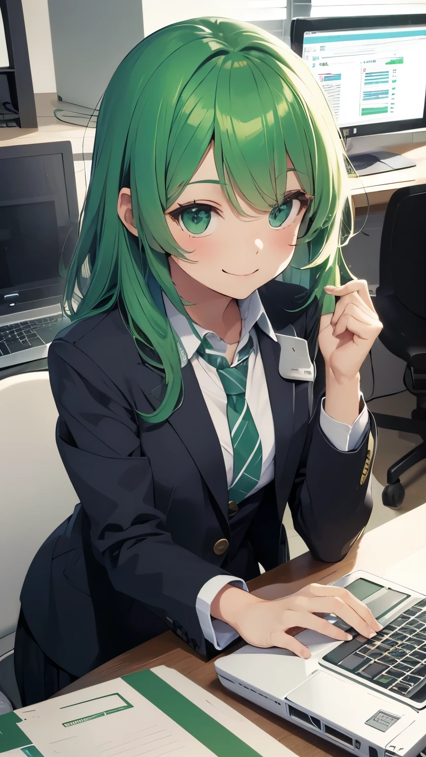 Using ChatGPT on a computer, cheerful, smiling, one cute girl, wearing a suit, no exposure, green hair, semi-long, looking at the camera, bright computer room, illustration