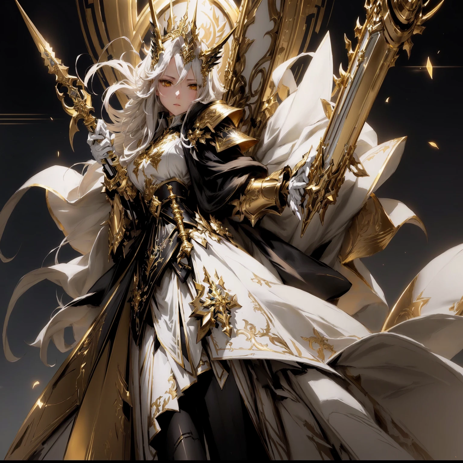 anime character dressed in white and gold with a sword, dos arknights, best 4k konachan anime wallpaper, Detailed art from the main anime, angelic golden armor, trends on artstation pixiv, Anime goddess, cushart krenz arte chave feminino, anime fantasy artwork, 由杨J, white and gold intricate armor, gold paladin, detailed anime art