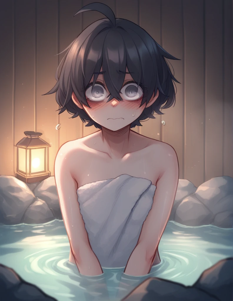 1 girl, alone, ppka, black fur, short hair, messy fur, Ahoge, parts, parts por todo el cuerpo, grey eyes, blind eyes, kind eyes, very nervous, looking at the viewer, blushing Towel tied, Hot Springs, haciendo ma pose de split de pie, (SPLIT DE PIE)