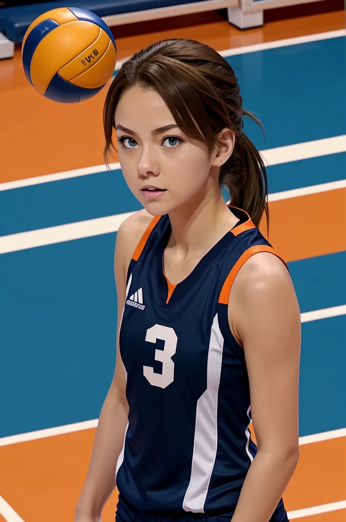 Haikyuu anime screenshot, Girl with brown hair and blue eyes, navy blue volleyball uniform with orange number 13, on a volleyball court 
