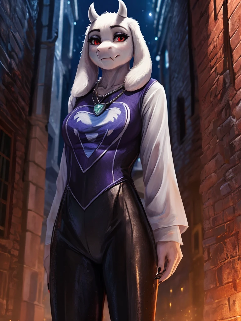 (((Toriel))), (Female goat anthro:1.3), (White fur:1.1), (Standing:1.3), (Foggy night alley:1.23), (Blank expression:1.3), (detailed eyes), (sharp red eyes), detailed background, 8k hd, (dark shadows, low saturated, hdr, low light:1.2), (Thin physique), black eyeshadow, (black skintight shirt, silver necklace, black dress pants), ((Gothic)), Close-up, high detail, highly detailed, digital painting, black fingernails, black makeup, (((Solo)))