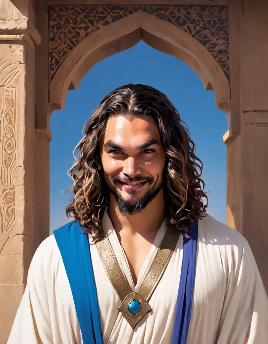 Man in white robe and blue sash standing in front of a wall, handsome prince of Persia, portrait of Bedouin d&d, dressed as Jesus Christ, with a smiling orientalist face, Jason Momoa as Assyrian, young greek, image of a clergyman, a portrait of the character