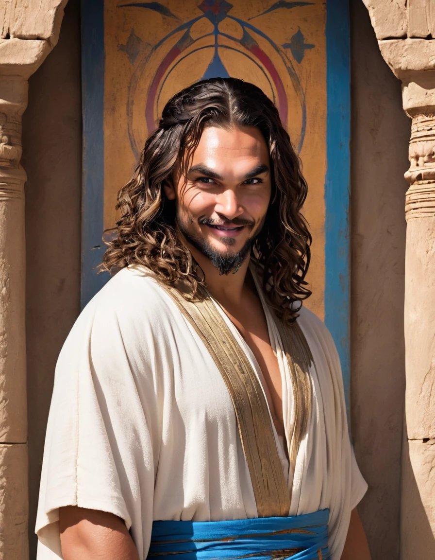 Man in white robe and blue sash standing in front of a wall, handsome prince of Persia, portrait of Bedouin d&d, dressed as Jesus Christ, with a smiling orientalist face, Jason Momoa as Assyrian, young greek, image of a clergyman, a portrait of the character  