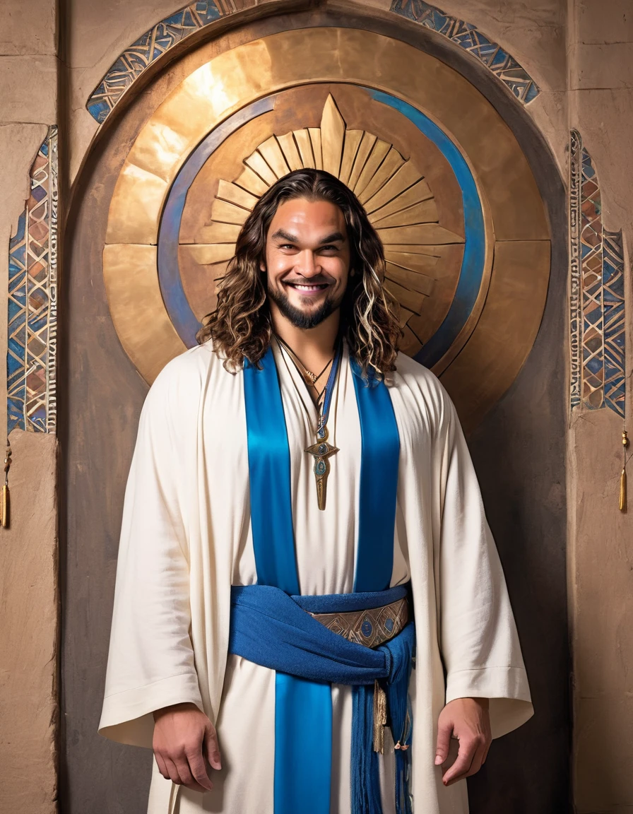 Man in white robe and blue sash standing in front of a wall, handsome prince of Persia, portrait of Bedouin d&d, dressed as Jesus Christ, with a smiling orientalist face, Jason Momoa as Assyrian, young greek, image of a clergyman, a portrait of the character  