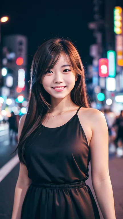 One girl, Tokyo Street,night, Cityscape,City lights,Upper Body,close,smile,, (8K, RAW Photos, Highest quality, masterpiece:1.2),(Realistic, photo-Realistic:1.37),