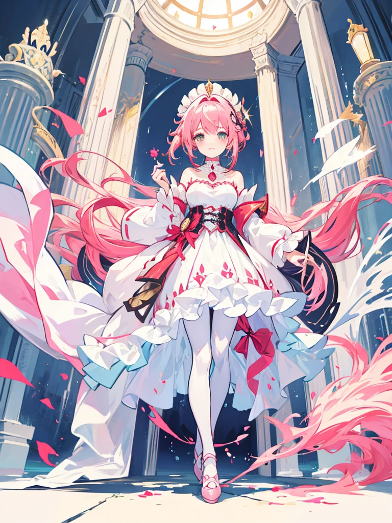 fantasy world girl with colorful hair, accessories, detailed clothes, pantyhose, white and red clothes, pink hair