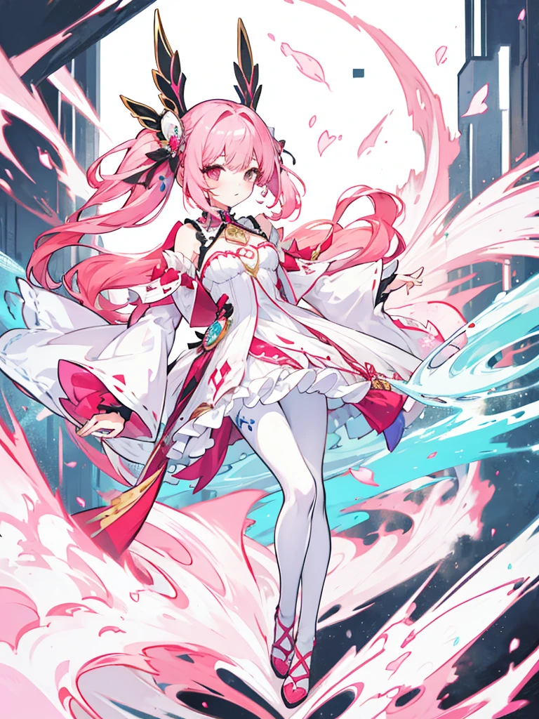 fantasy world girl with colorful hair, accessories, detailed clothes, pantyhose, white and red clothes, pink hair
