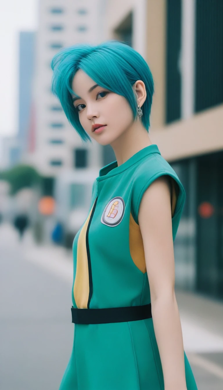 Bulma de Dragon Ball marchant dans un paysage urbain futuriste。L'arrière-plan présente des gratte-ciel et des véhicules futuristes.。Le style artistique est réaliste.、Utilisez une palette de couleurs vives。