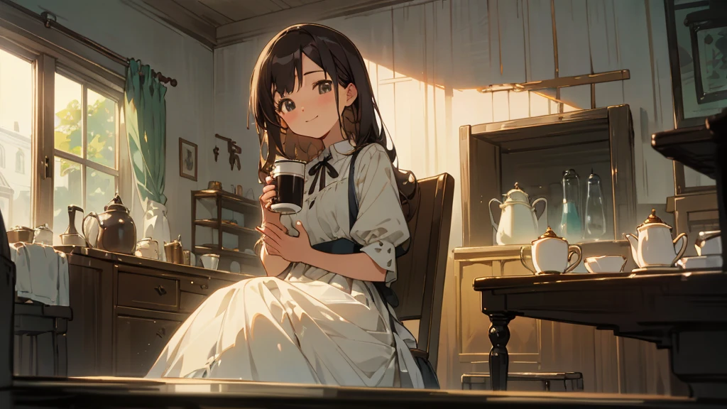 Stylish cafe、Anime Style、Freshly Brewed Coffee、Delicious looking baked goods、Relaxed atmosphere、Cozy atmosphere、Beautiful girl with dark hair sitting and drinking coffee、Wearing a dress、smile、Warm Light、avert your eyes、Ghibli style