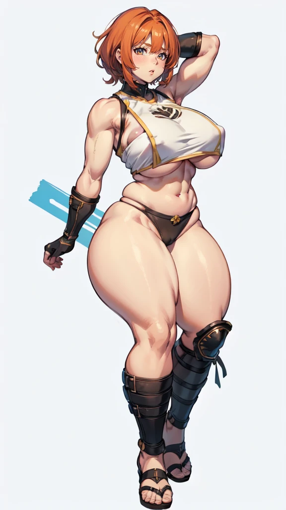 (masterpiece), best quality, female warrior, huge girl, female muscular:1.2, hair over one eye, ginger hair, big breast, curvy, ((thick thighs:1.5)), (((blank background))), ((full body)), fingerless gloves, sandals, sleeveless, covered nipples, (underboobs:1.3), medium hair, thin hair, tshirt top