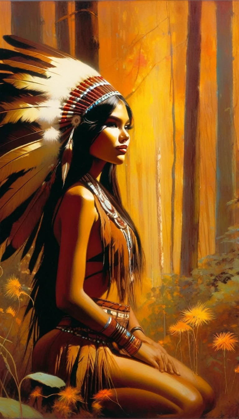 American Indian girl, Indian costume in brown tones, very sexy, feathers, happy observing some flowers, in a very beautiful closed forest, sexy, erotic (art inspired by Bill Sienkiewicz). oil painting)