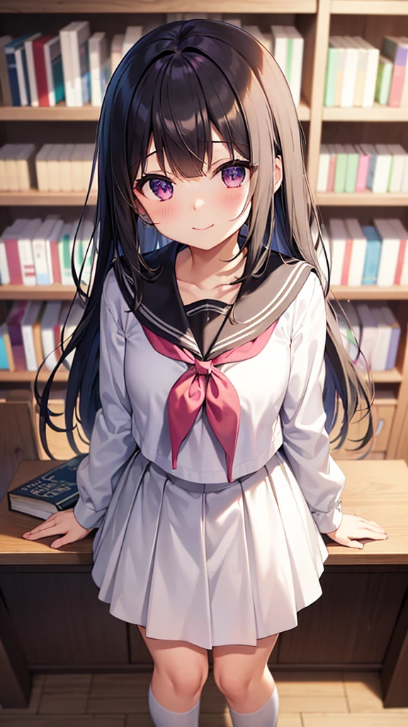 blurry, depth of field, 1girl, bookshelf, , blurry background, solo, serafuku, chitanda eru, long hair, black hair, blurry foreground, purple eyes, looking at viewer, kamiyama high , neckerchief, upper body, bangs, sailor collar, blunt bangs, library, indoors, smile, collarbone, classroom, book, original design, masterpiece, perfect pastel color, straight bangs , full body, (skirt hold), (Law_Angle),