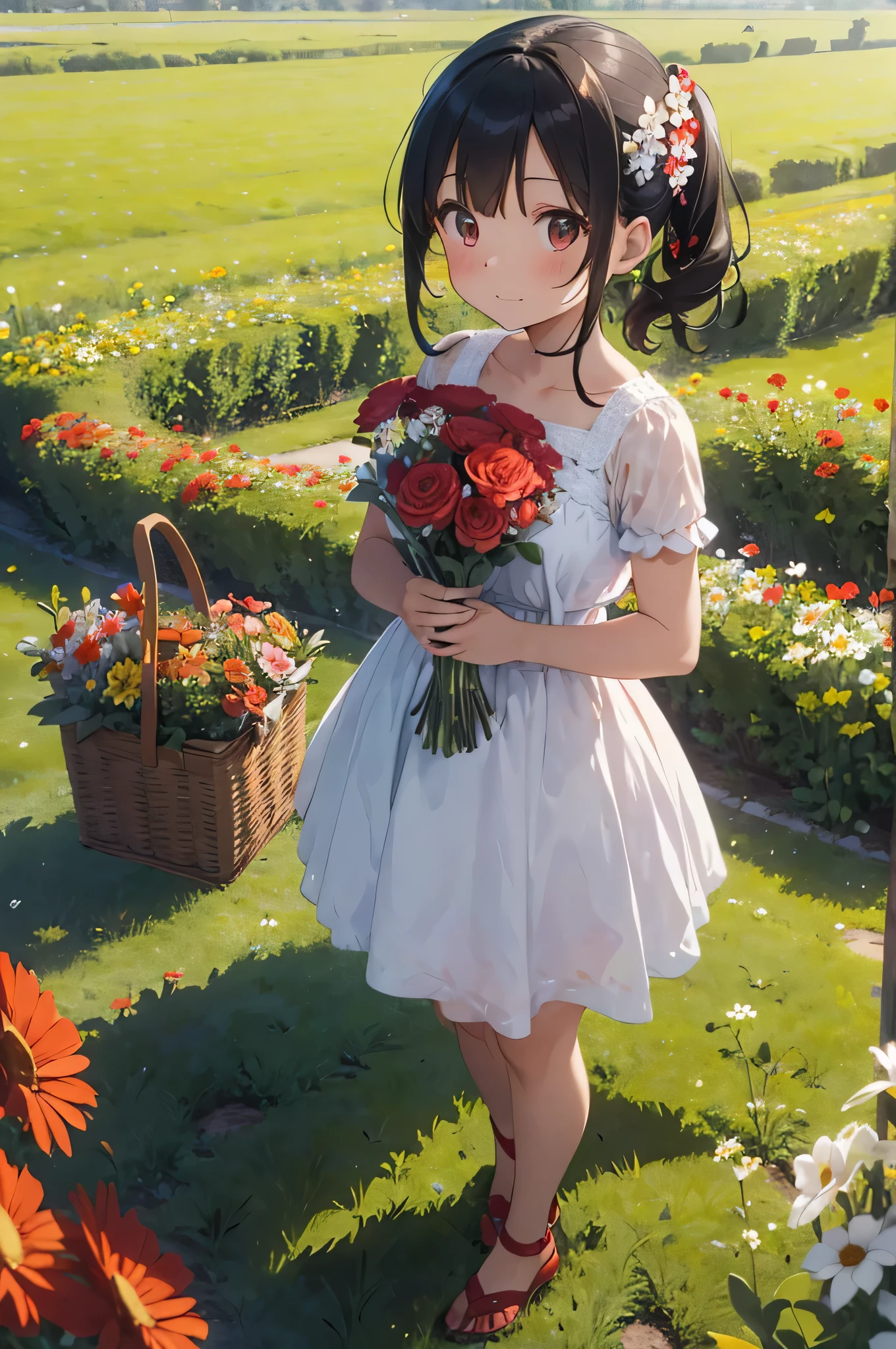 There is a  wearing a red and white dress and holding a bouquet of flowers., Girl in Flowers, Flower picking, Holding flowers, Picking flowers, Girl standing in a flower field, Girl standing in a flower field, Put a flower on the heir&#39;s cheek, Girl in the flower garden, Portrait of a Girl in the Flower Garden, Girl walking in the forest, Girl with flower head