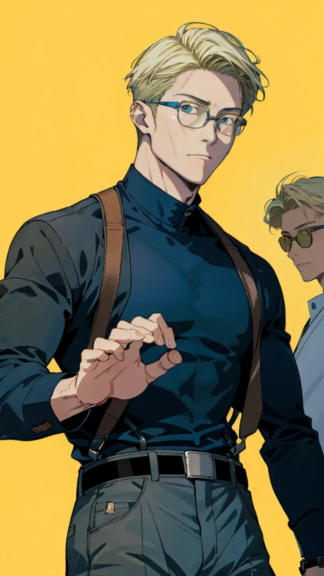 Realist,(masterpiece,Ariba Quality,Highest quality,Official Art,beauty:1.2),He is very knowledgeable,Fractal Art,color,More detailed,Tangled,(Abstract background:1.5)(1:1.3),Nanami,Light blonde hair,Short detailed hair,(Blue Sunglasses ,Tall and strong,青いシャツと黒い斑点のある黄colorのネクタイ,Avistic,(Posing with glasses),Handsome