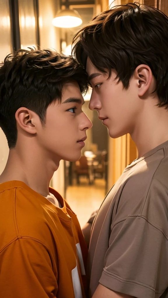 A warm-colored Wattpad book cover about two teenage boys looking into each other's eyes, both with black hair, one longer than the other, that the cover contains sunflowers. Let it be seen in drawing quality