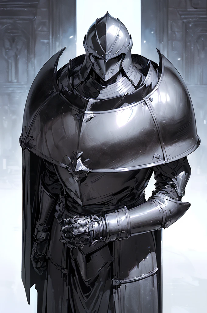 (masterpiece; best quality: 1.2), (full-armored knight man)), ((solo)), (closed helmet: 1.4), (body; muscular, lean, masculine: 1.3), (beautiful and clear background: 1.2), ((depth of field)), (equipment: all-black full plate medieval armor + closed helmet + long black cape: 1.3), (anime illustration: 1.2), (background composition; fantasy castle corridor + furniture: 1.1), (shot composition; standing + centered on torso + close-up: 1.5)
