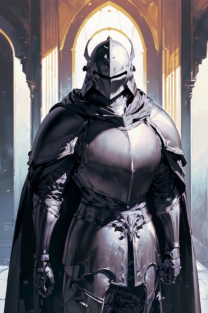 (masterpiece; best quality: 1.2), (full-armored knight man)), ((solo)), (closed helmet: 1.4), (body; muscular, lean, masculine: 1.3), (beautiful and clear background: 1.2), ((depth of field)), (equipment: all-black full plate medieval armor + closed helmet + long black cape: 1.3), (anime illustration: 1.2), (background composition; fantasy castle corridor + furniture: 1.1), (shot composition; standing + centered on torso + close-up: 1.5)