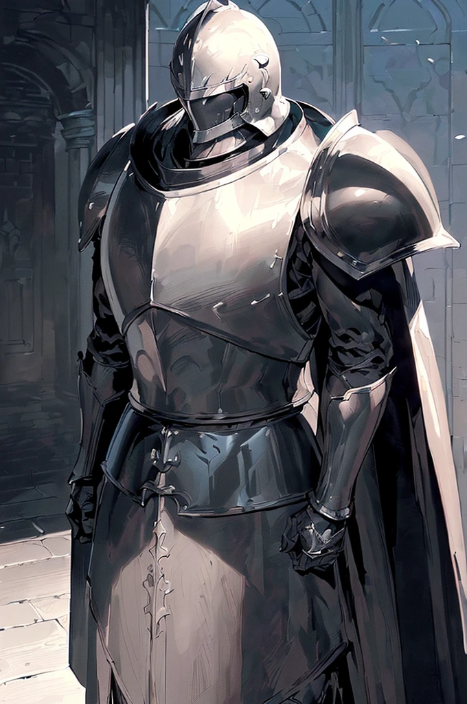 (masterpiece; best quality: 1.2), (full-armored knight man)), ((solo)), (closed helmet: 1.4), (body; muscular, lean, masculine: 1.3), (beautiful and clear background: 1.2), ((depth of field)), (equipment: all-black full plate medieval armor + closed helmet + long black cape: 1.3), (anime illustration: 1.2), (background composition; fantasy castle corridor + furniture: 1.1), (shot composition; standing + centered on torso + close-up: 1.5)