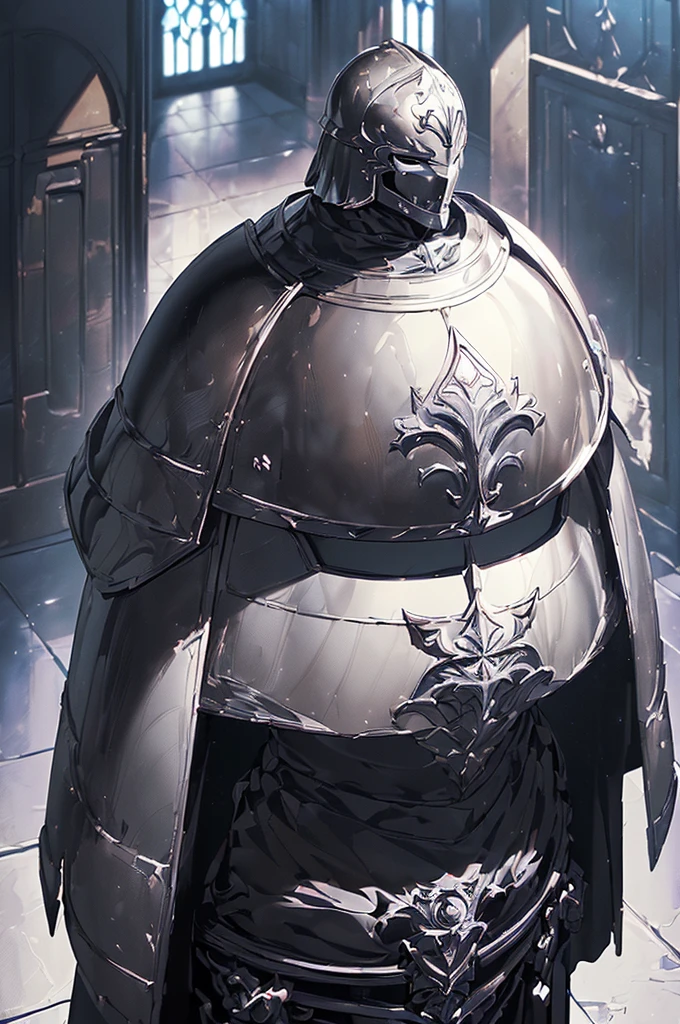 (masterpiece; best quality: 1.2), (full-armored knight man)), ((solo)), (closed helmet: 1.4), (body; muscular, lean, masculine: 1.3), (beautiful and clear background: 1.2), ((depth of field)), (equipment: all-black full plate medieval armor + closed helmet + long black cape: 1.3), (anime illustration: 1.2), (background composition; fantasy castle corridor + furniture: 1.1), (shot composition; standing + centered on torso + close-up: 1.5)