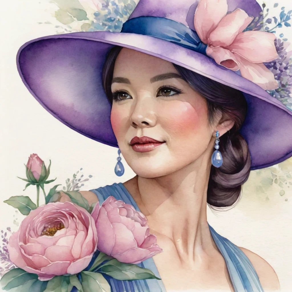 CARTOON, The image is a PENCIL DRAWING, WATERCOLOR STYLE that shows a PREGNANT woman from the back, dressed in a flowing PINK dress with a bow at the waist. She is wearing a wide-brimmed purple hat with a black sash. In her right hand she holds a bouquet of flowers with blue and white petals. The background is a soft gradient of purple and white, with a subtle bokeh effect that suggests a soft, dreamy atmosphere. The overall style of the image is whimsical and feminine, with a focus on soft colors and delicate details. BY Aya Kato, Audrey Kawasaki AND Bene Rohlmann