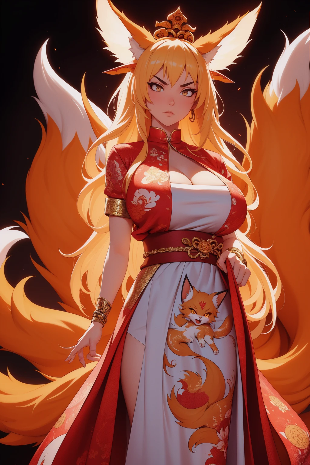 REALISTIC VISION 1.4, BETTER VAE,sharp focus, ultra detail, 32k,realistic photo, intricate details, kitsune, blond hair, (blond hair), gold eyes, intricate details ,woman, nine tails, intricate details,intricate details,big , Voluptuous body, intricate details, Miko, clothes long white dress with red details intricate details, tattoos intricate details, full body,  with a orange nine tails fox , kiuubi (kurama, naruto), angry face,