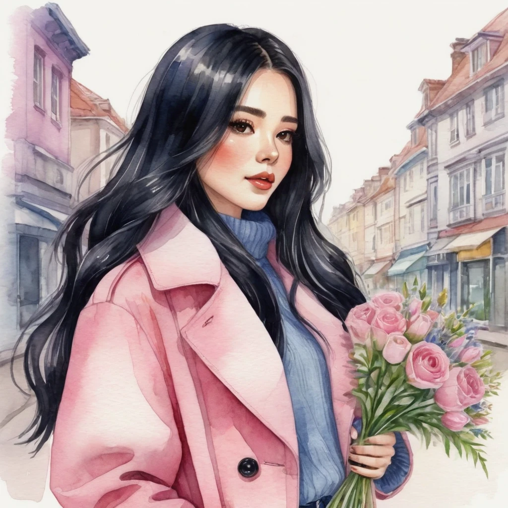 A watercolor illustration, kawaii illustration, chibi .Anime STYLE, of a beautiful woman with LONG STRAIGHT black hair standing against a light background, she is holding a bouquet of flowers, The woman is 25 years old, she is wearing a long PINK coat , WHITE turtleneck, denim shorts and black sandals. The coat has large pockets and a raised collar. She extending it beyond her shoulders. by Kathrin Honesta, Lisi Martin ,Jessica Roux and Helen Dardik
