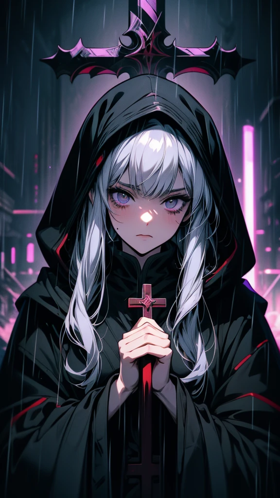 Holding a cross in his hand、Anime girl praying in the rain, Gothic Maiden Anime Girl, Dark Priest, Dark art style, Gap Moe Yandere Grimdark, dark witch, Cloakroom, Black Robe, Nightcore, Cyberpunk anime girl in a hoodie, Gwaiz, artwork in the style of Gwaiz, dark witch character, portrait Gap Moe Yandere Grimdark