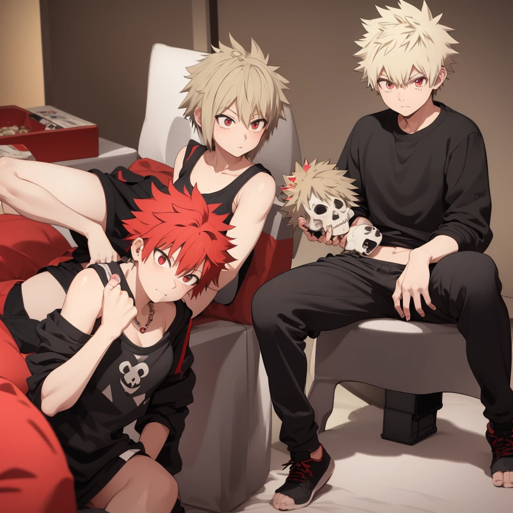 Katsuki Bakugou,tomboy,Eyes red,hair blonde,spiky hair,wearing a short black sweatshirt with a skull print,with a big bulge in the pants,with female thighs,looking at the camera,flushed.