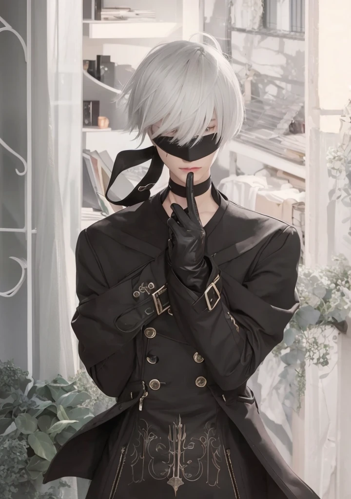 Create a man with white hair, wearing a cover 