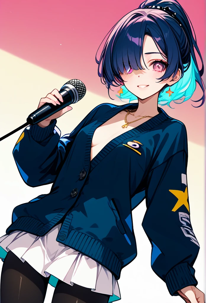 mature woman, mature face, pink eyes, shy expression, shy face, nervous smile, glossy lips, ponytail hair, (blue hair color, pink gradient hair color, azure color hair), bangs covering left eye, left blinding bangs hairstyle, mature body, small breasts, dark blue cardigan, short skirt, navy color skirt, pantyhose, idol, stage, holding microphone, (idol pose)