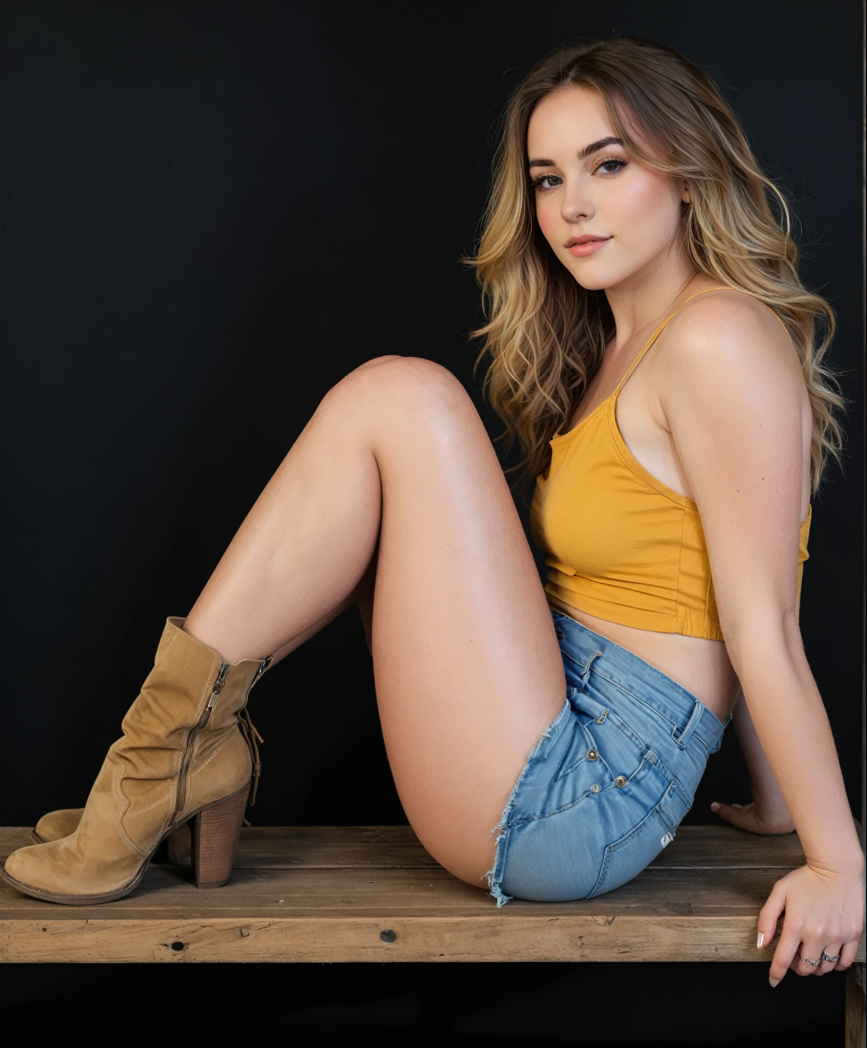 Woman sitting on a wooden bench with her legs crossed, pose casual, 2 4 year old female model, wearing a camisole and boots, pretty face with arms and legs, beautiful young model, Sitting at a table, Kailee Mandel, pose lateral, Full body photo session, photo from a promotional session, pose sexy, Sidney Sweeney