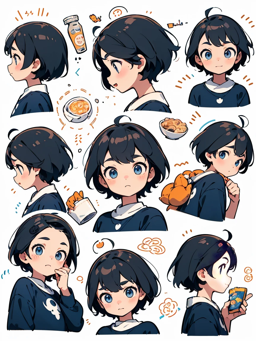 cute，Q version， boy in short sleeves，fishing，Playful expression，Flat head short hair laughing，Littleolding instant noodles，Little boy h instant noodles，(Detailed avatar table, Front diagram, side view, three quarter view:1.5), (White background:1.5)