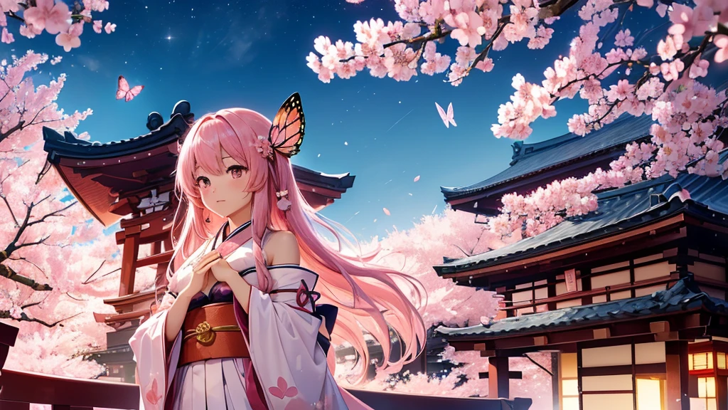 ((high resolution, pink hair, long hair, shrine maiden)) ((mystical, cherry blossoms, butterfly, night, Japanese style, shoulder, shining aura)) (prayer, dance), moon, stars, spring