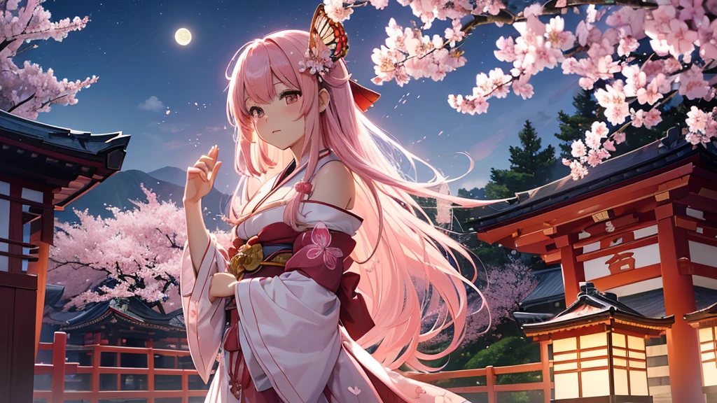 ((high resolution, pink hair, long hair, shrine maiden)) ((mystical, cherry blossoms, butterfly, night, Japanese style, shoulder, shining aura)) (prayer, dance), moon, stars, spring